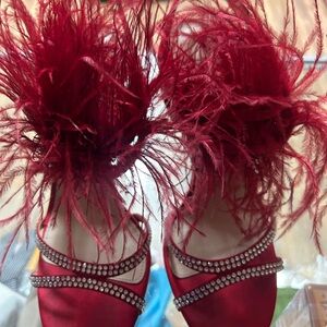 Nina Shoes Red Satin Heels with Feathers and Rhinestones wore twice
